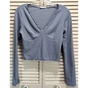 Active USA Blue Ribbed Long Sleeve Crop V Neck‎ Lace Trim Top Size Medium